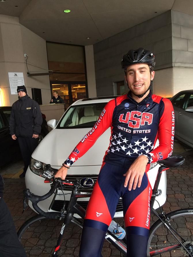 Taylor Phinney talks to the media after riding the 2015 world time trial championship course in Richmond