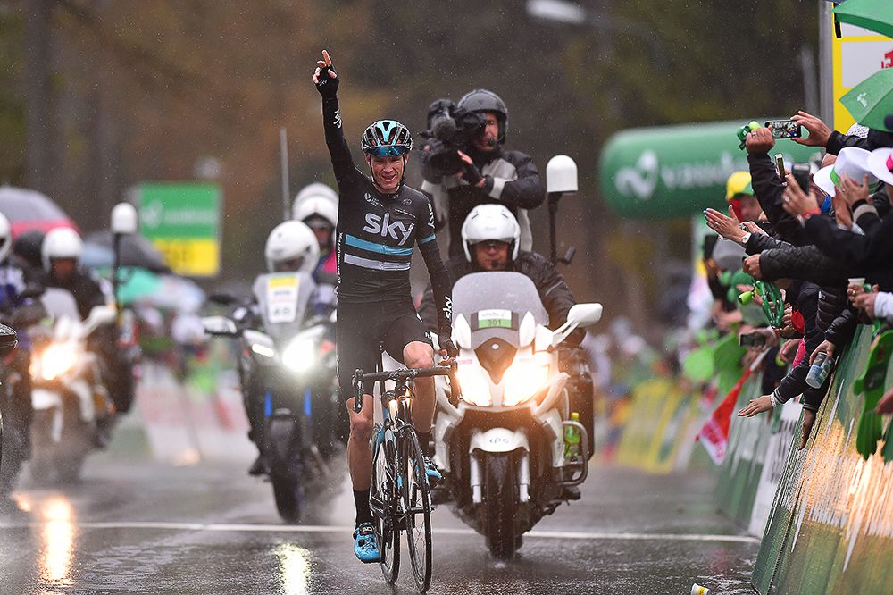 Chris Froome celebrates winning stage 4 at the Tour de Romandie