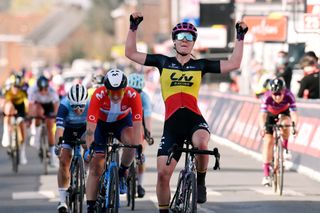 DOUR BELGIUM MARCH 02 Sprint Arrival Lotte Kopecky of Belgium and Team Liv Racing Celebration Emma Norsgaard Jorgensen of Denmark and Movistar Team Letizia Paternoster of Italy and Trek Segafredo during the 10th Le Samyn des Dames 2021 Womens Elite a 925km race from Quaregnon to Dour GPSamyn on March 02 2021 in Dour Belgium Photo by Mark Van HeckeGetty Images