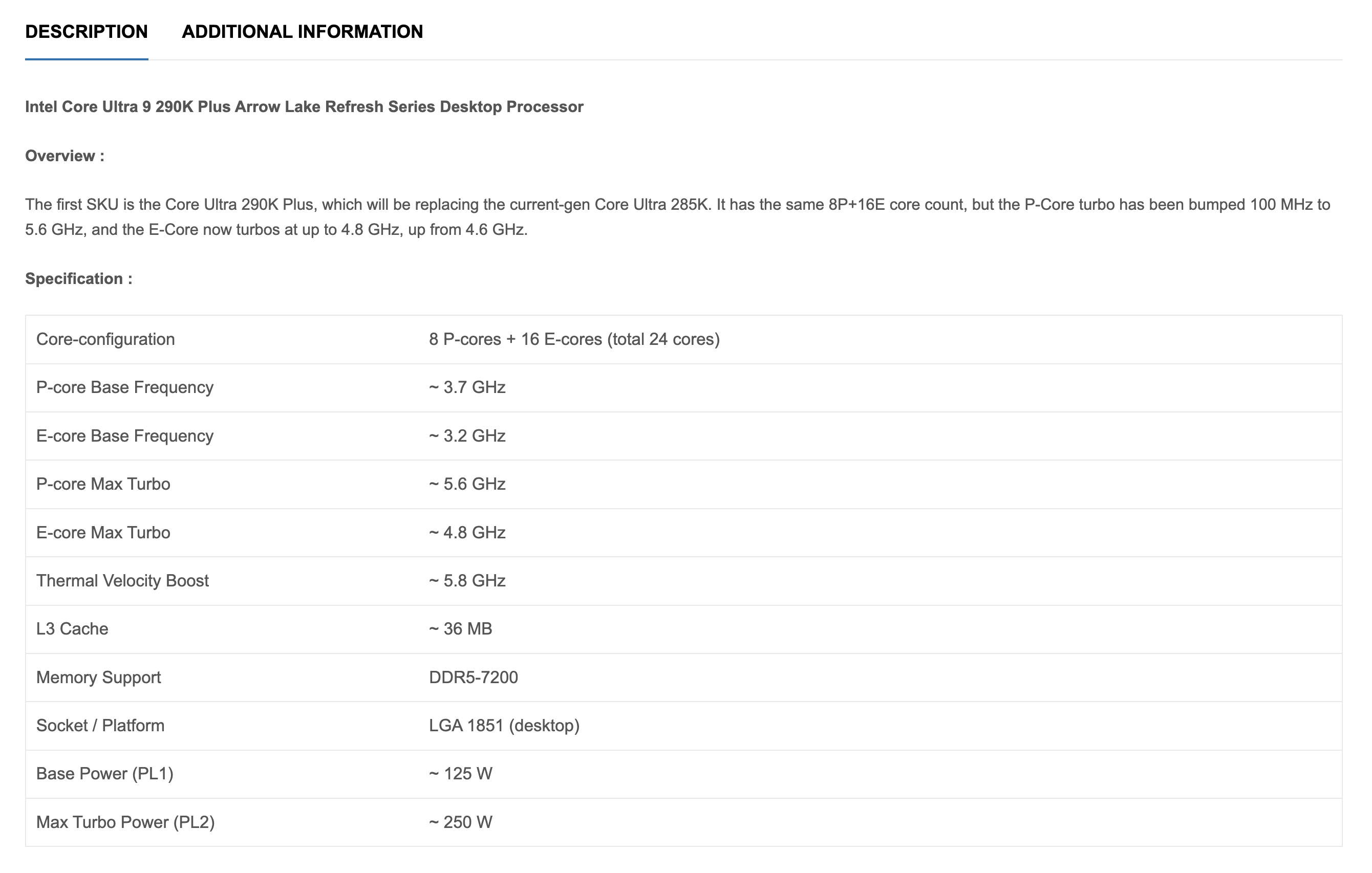 Intel Core Ultra 9 290K Plus specs listed at an Indian retailer