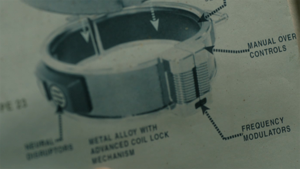 A screenshot of a Supe inhibiting collar&#039;s design in Gen V season 2 episode 6