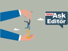 Ask the Editor logo plus hands tipping a man upside down with coins falling out of his pockets