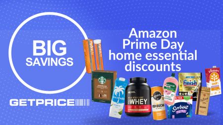 Blue background with Big Savings written in white in a circle and scattered images of products on sale with Amazon Prime Day home essential discounts written above