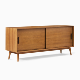 horizontal wooden bookcase in mid-century modern style