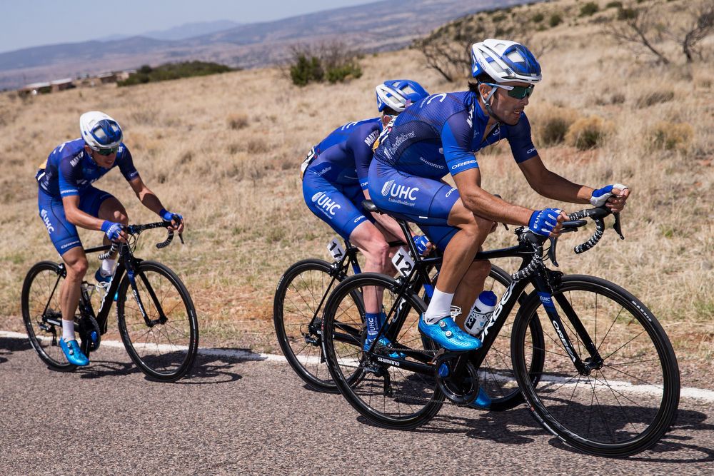 Janier Acevedo (UnitedHealthcare Pro Cycling) leads Gavin Mannion (UnitedHealthcare Pro Cycling) on stage 1 of the Tour of The Gila on April 18, 2018 in Silver City, New Mexico.
