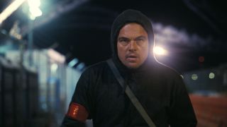 Leonardo DiCaprio wearing a hoodie in One Battle After Another