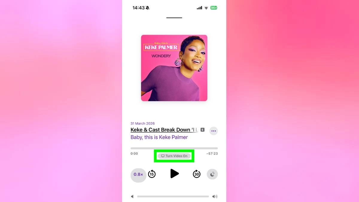 Turn Video On highlighted in Apple Podcasts on iPhone