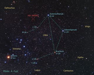This is a backyard view of the sky surrounding the ancient star, cataloged as HD 140283, which lies 190.1 light-years from Earth. The star is the oldest known to astronomers to date. Image released March 7, 2013.