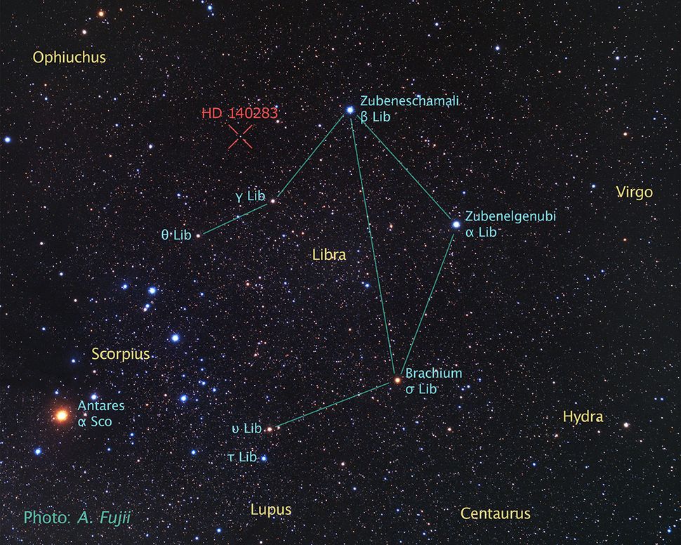 Esta es una vista desde el patio trasero del cielo que rodea a la antigua estrella Matusalén, catalogada como HD 140283. Imagen publicada el 7 de marzo de 2013. (Crédito de la imagen: A. Fujii y Z. Levay (STScI))