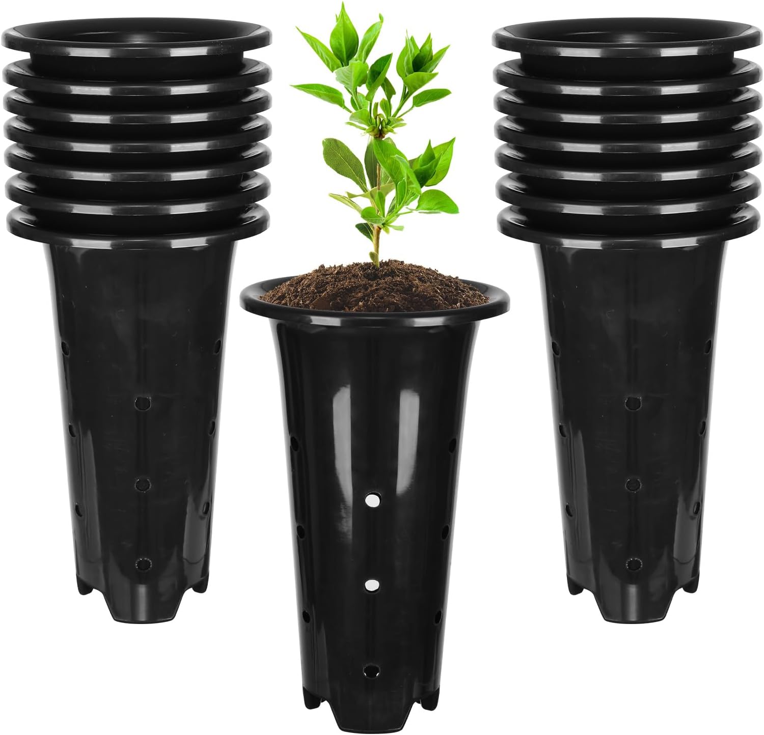 Tchrules 15pcs Plastic Deep Plant Nursery Pots,8.66&amp;rdquo;tall Tree Pots,black Deep Seedling Container Pots With Drainage Holes for Indoor Outdoor Gardening (5.3" Wx8.66 H)