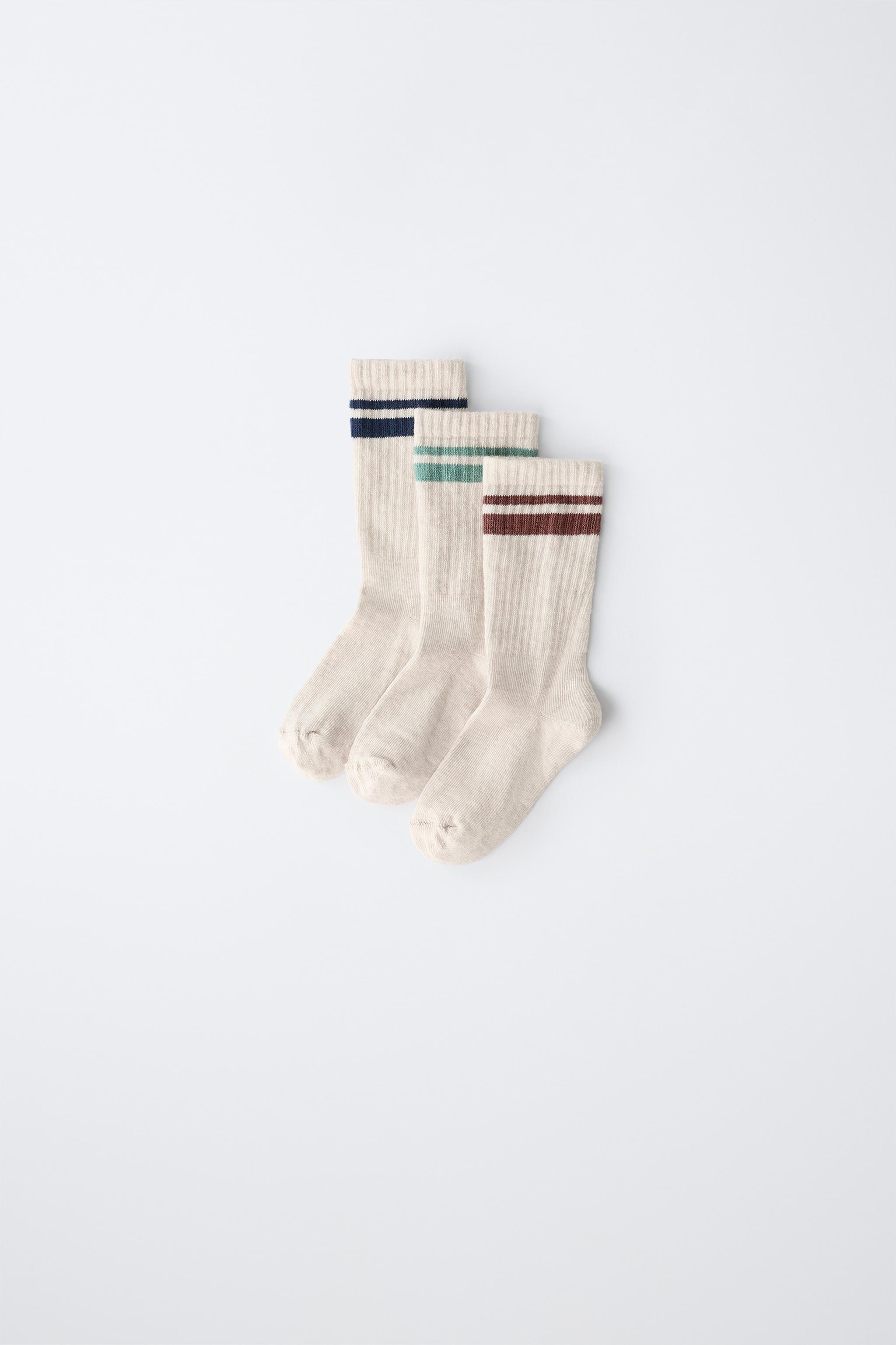 Three-Pack Sporty Stripe Mid-Calf Socks - Beige Marl - 1-2 Years (20-22)