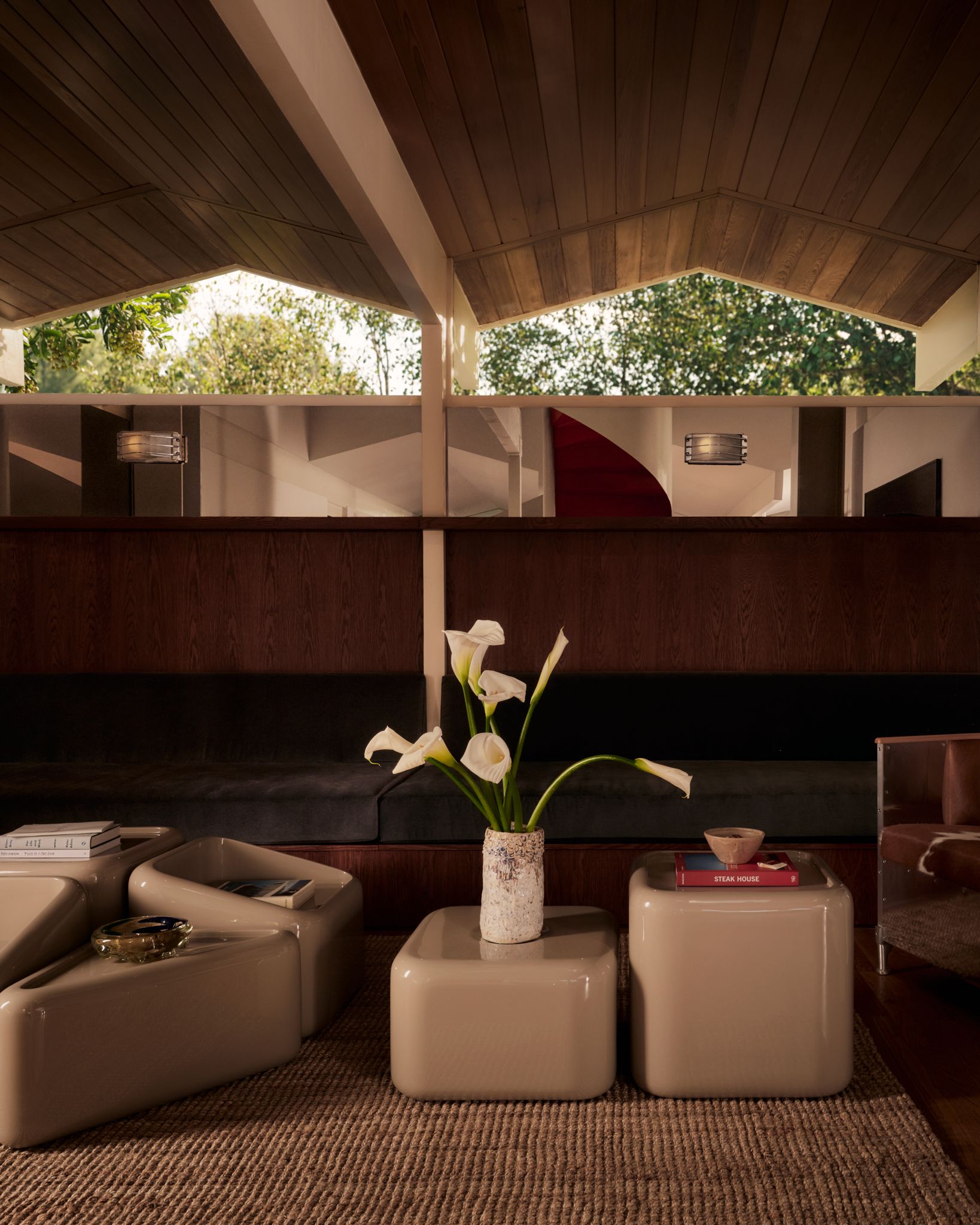 Den area with clerestory windows