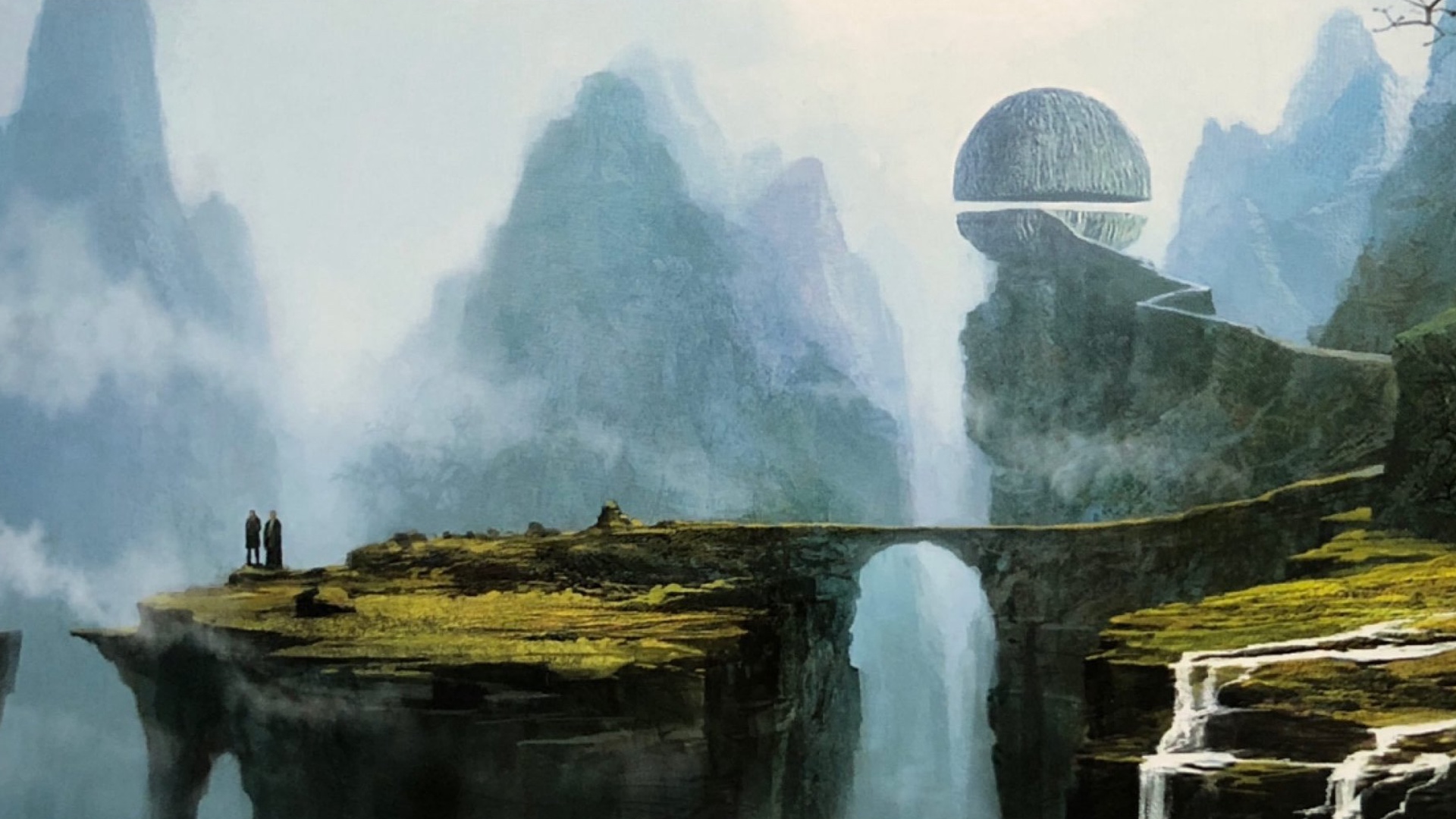 Artwork from the book "Art of Star Wars: The Last Jedi: The Official Behind-The-Scenes Companion". Th scene shows two people on a rocky outcropping in a lush valley, with a path leading up to a strange orb-like structure.