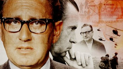 Illustration of Henry Kissinger, Richard Nixon, Salvador Allende and a scene from the US-Vietnam War
