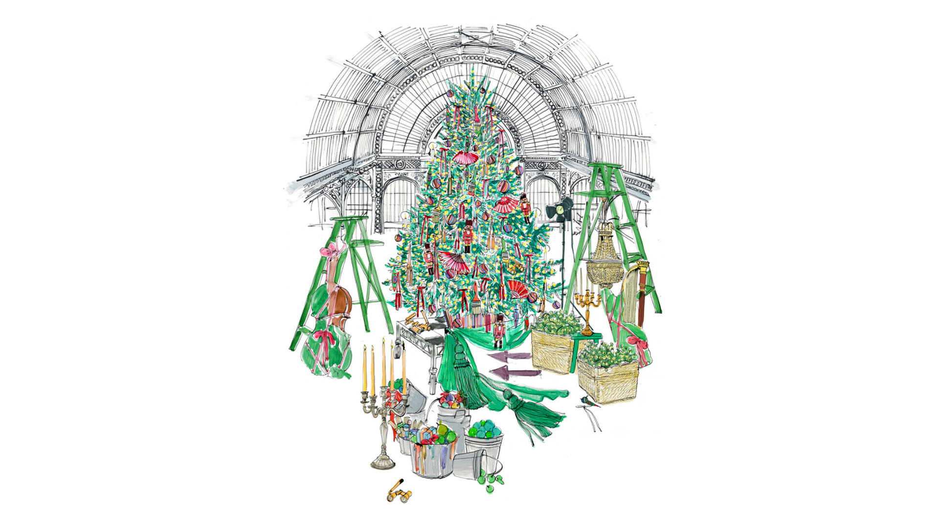 An illustration of the Royal Opera House's 2025 Christmas tree.