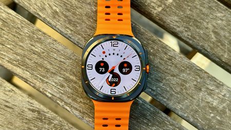 A close-up view of the Samsung Galaxy Watch Ultra and its default watch face.