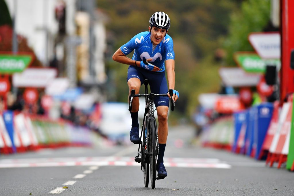 LEKUNBERRI SPAIN OCTOBER 21 Arrival Marc Soler Gimenez of Spain and Movistar Team Celebration during the 75th Tour of Spain 2020 Stage 2 a 1516km stage from Pamplona to Lekunberri lavuelta LaVuelta20 La Vuelta on October 21 2020 in Lekunberri Spain Photo by Justin SetterfieldGetty Images