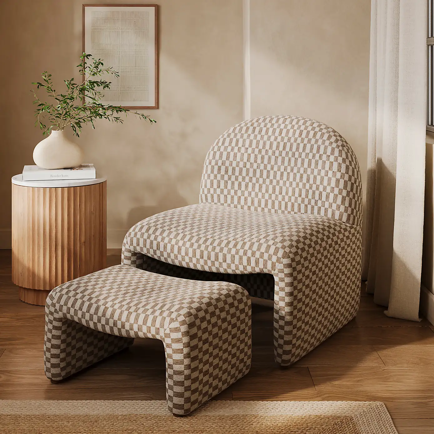 Dunelm, Monty Checkerboard Chenille Accent Chair and Footstool