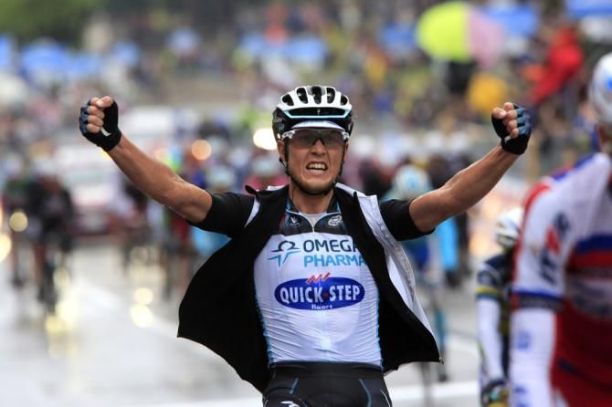 Matteo Trentin celebrates his teammate Mark Cavendish's victory in Treviso.
