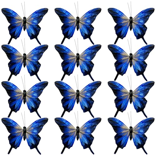 12pcs Royal Blue Butterfly Decoration Christmas Tree Ornaments 5-Inch Gold Glitter Feather Butterfly Clip for Flower Bouquets Decor Garland Wreath Crafts Birthday Party Gifts
