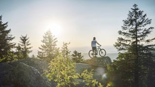 Man stands next to his electric mountain bike on a rock overlooking a forest