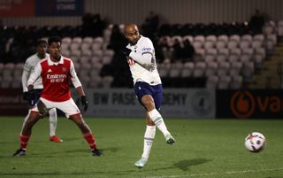 Lucas Moura of Tottenham Hotspur scores his sides first goal during the Premier League 2 match between Arsenal and Tottenham at Meadow Park on January 27, 2023 in Borehamwood, England.