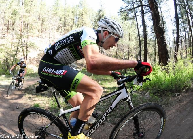 Jeremiah Bishop (Sho-Air/ Cannondale) riding second behind Todd Wells on some switchbacks
