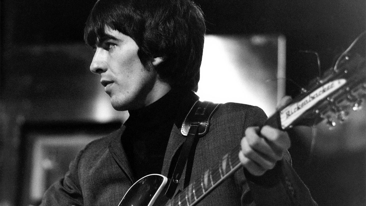 George Harrison of English rock and pop group The Beatles plays his 1963 Rickenbacker 360/12 guitar on stage during rehearsals for the ABC Television music television show &#039;Thank Your Lucky Stars&#039; Summer Spin at Teddington Studios in London on 11th July 1964. The band would go on to play four songs on the show, A Hard Day&#039;s Night, Long Tall Sally, Things We Said Today and You Can&#039;t Do That. 