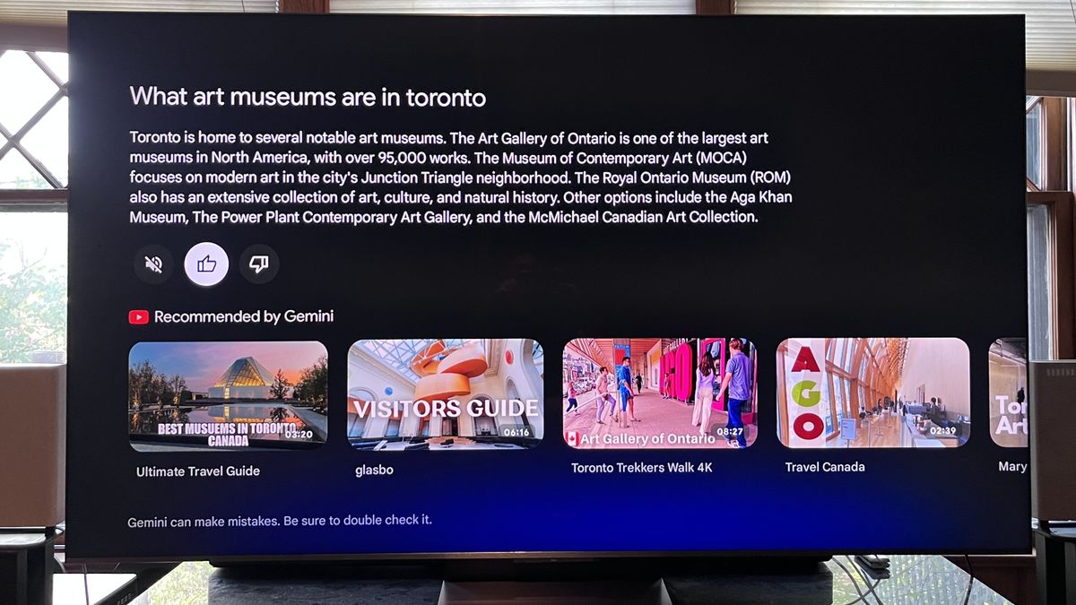 Google TV Gemini screens showing answers to questions about Toronto art museums