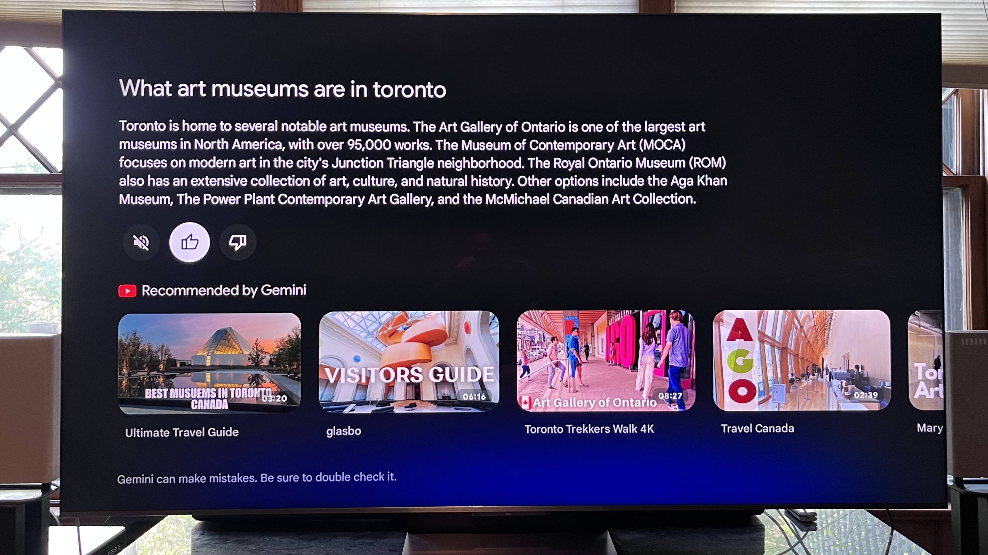 Google TV Gemini screens showing answers to questions about Toronto art museums