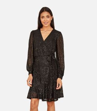 Yumi Black Sequin Frill Wrap Dress