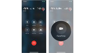 Steps for switching from a regular phone call to a FaceTime call, showing how to view the call menu, then tap FaceTime button to start a video call