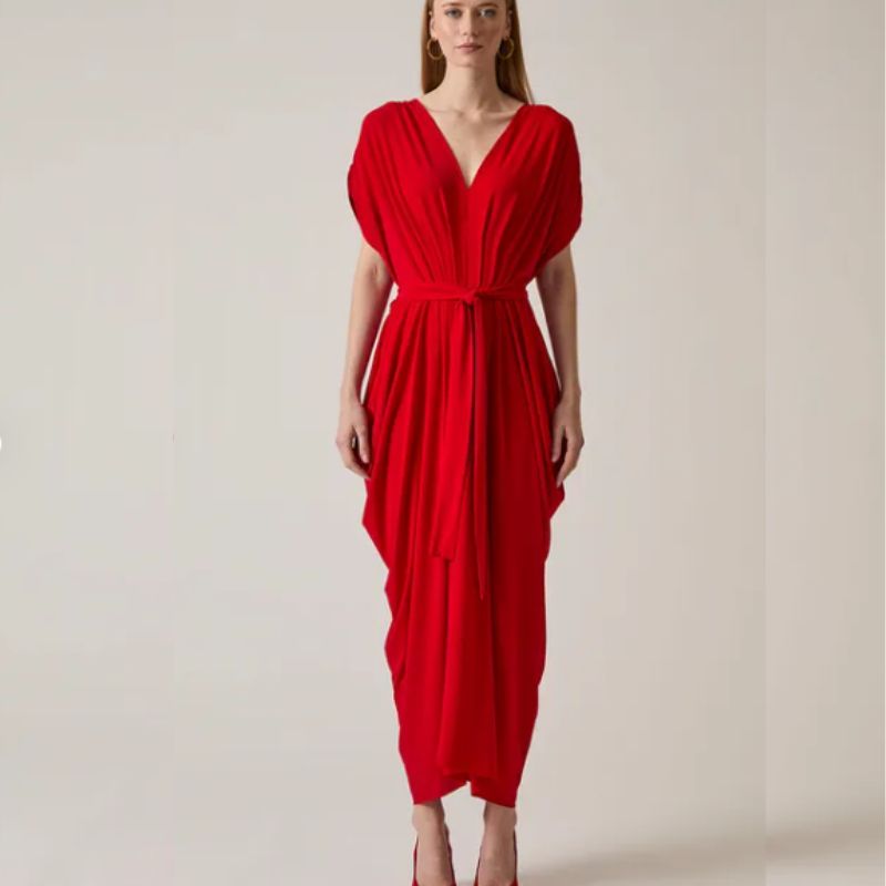 red ruched dress
