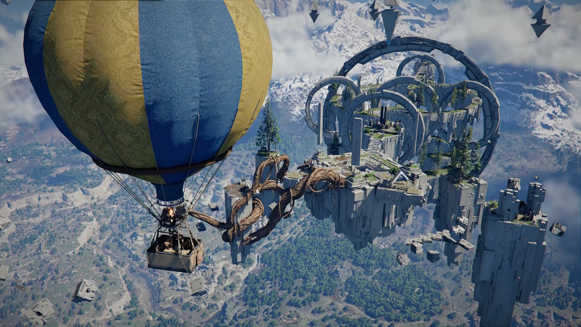 Trailer screenshot of the player riding a hot-air balloon in Crimson Desert.