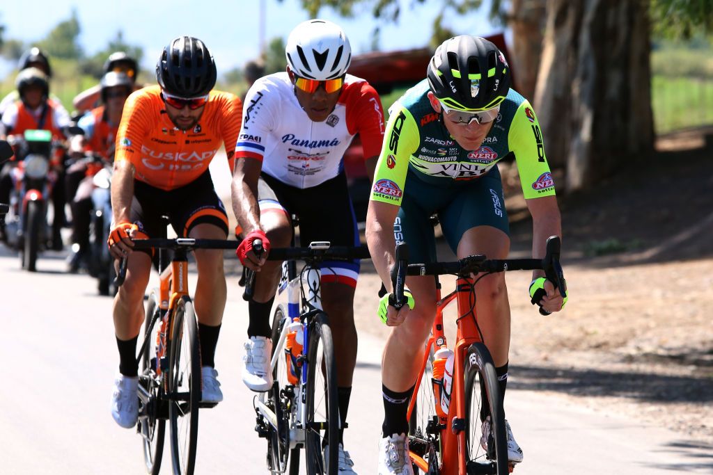 The first breakaway of three: Jokin Aranburu Arruti (Fundacion-Orbea), Veljko Stojnic (Vini Zabu' KTM) and Christofer Jurado (Panama)
