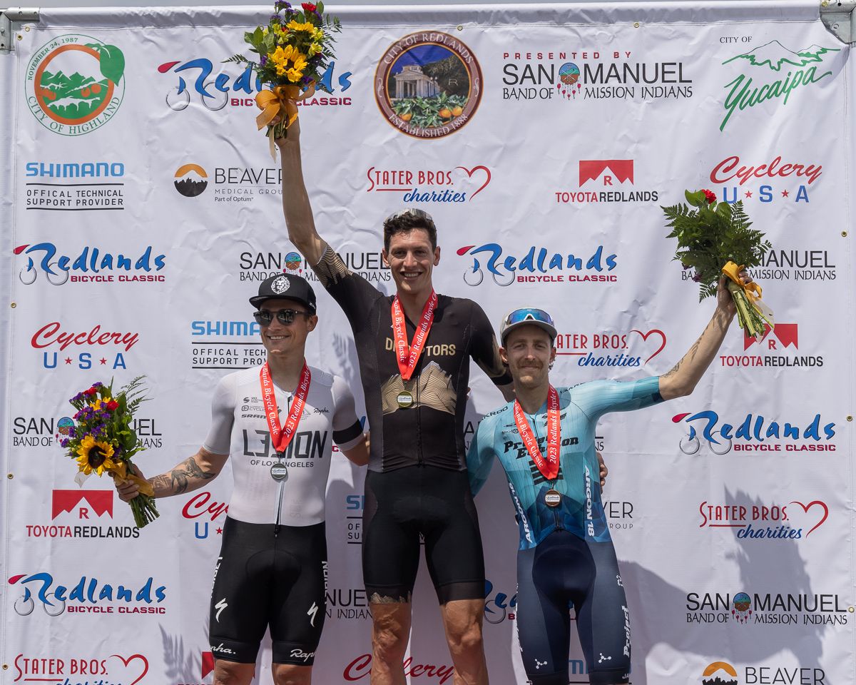 Men's stage 1 podium (L to R): second place Robin Carpenter (L39ION of Los Angeles), winner Noah Granigan (Denver Disruptors) and Richard Arnopol (Project Echelon) in third