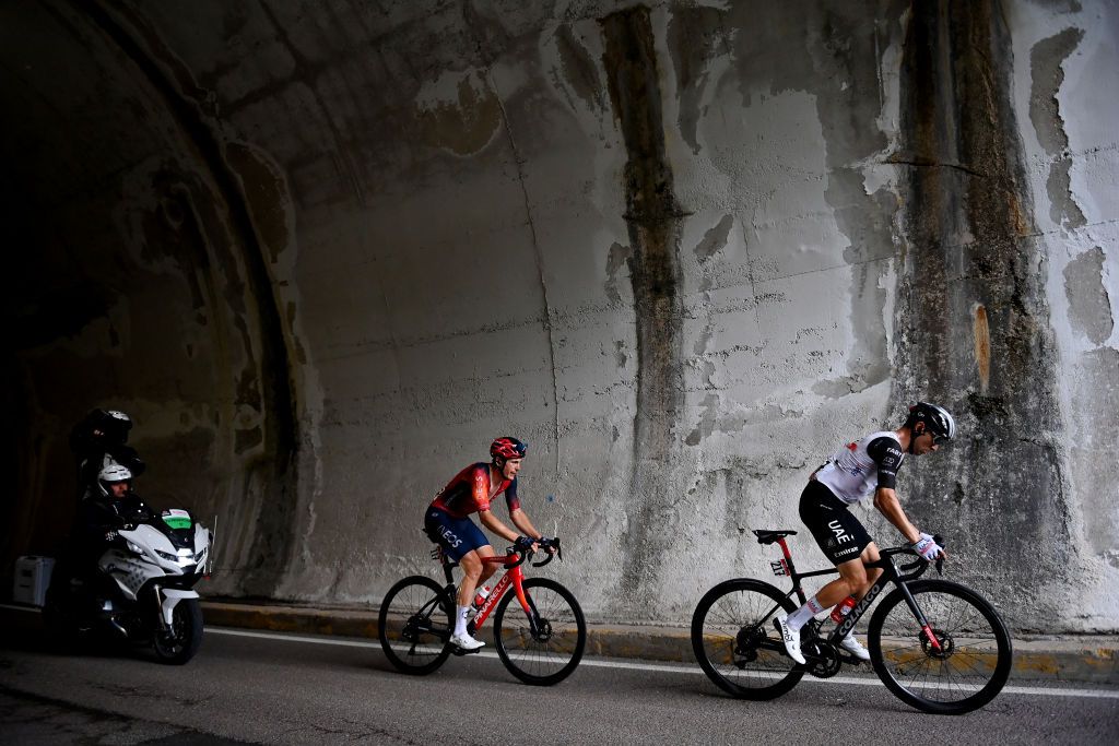 MONTE BONDONE ITALY MAY 23 LR Ben Swift of The United Kingdom and Team INEOS Grenadiers and Diego Ulissi of Italy and UAE Team Emirates compete in the breakaway during the 106th Giro dItalia 2023 Stage 16 a 203km stage from Sabbio Chiese to Monte Bondone 1642m UCIWT on May 23 2023 in Monte Bondone Italy Photo by Tim de WaeleGetty Images