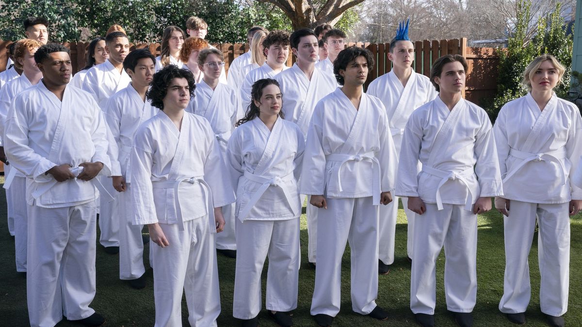 Khalil Everage as Chris, Nathaniel Oh as Nate, Griffin Santopeitro as Anthony Larusso, Owen Morgan as Bert, Mary Mouser as Samantha LaRusso, Aedin Mincks as Mitch, Gianni DeCenzo as Demetri, Xolo Maridueña as Miguel Diaz, Jacob Bertrand as Eli &#039;Hawk&#039; Moskowitz, Tanner Buchanan as Robby Keene, Peyton List as Tory Nichols in Cobra Kai.