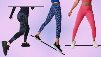 A selection of Sweaty Betty Power Leggings on colorful background