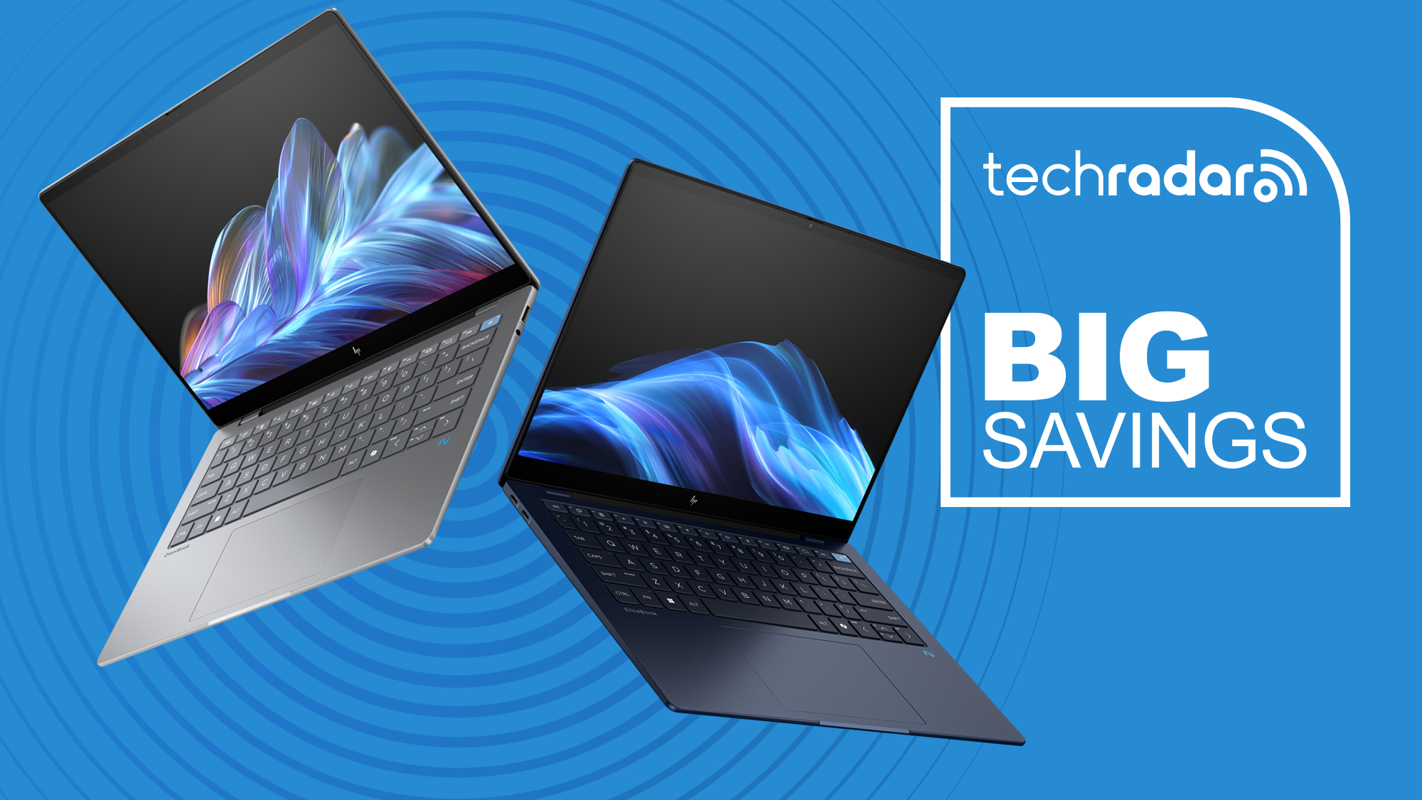 Two HP laptops next to &#039;Big Savings&#039; text