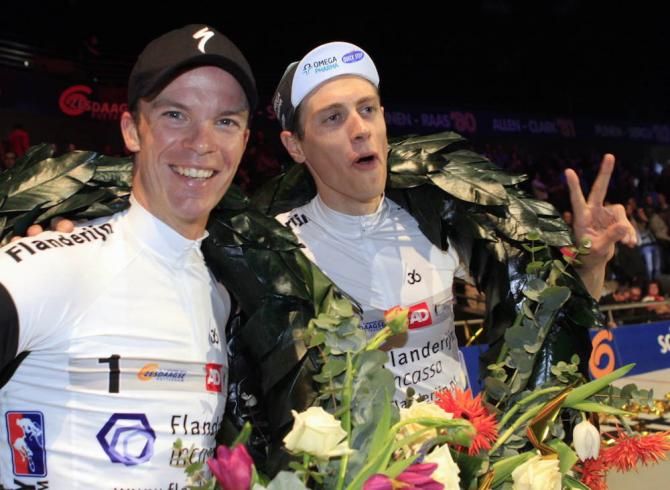 Iljo Keisse and Niki Terpstra celebrate their victory at the 2014 Rotterdam Six