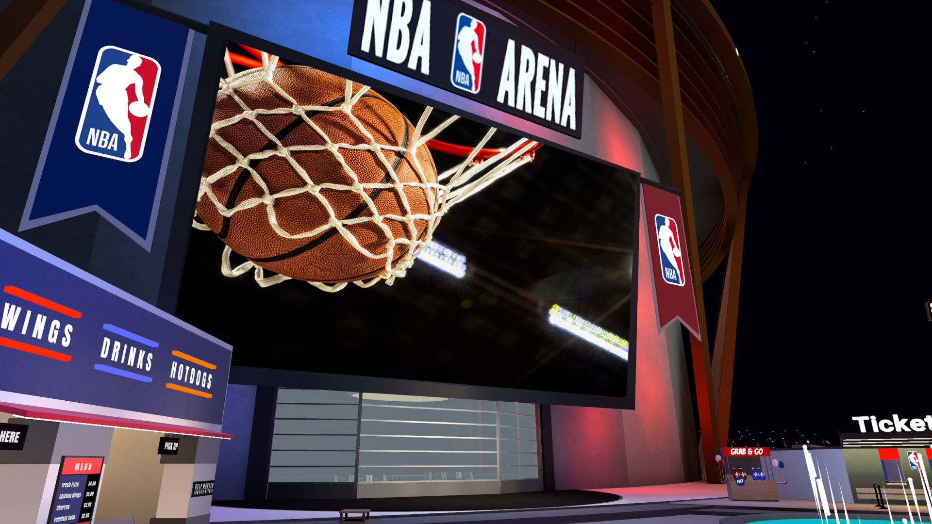 Un grand écran diffusant un match de basket, dans un stade NBA virtuel avec un stand de restauration et une billetterie