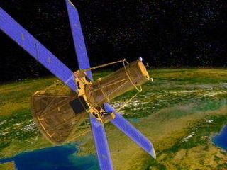 An artist's representation of RHESSI. Flying up above Earth's radiation-blocking atmosphere, the spacecraft can observe X-rays and gamma rays from the sun to study solar flares.