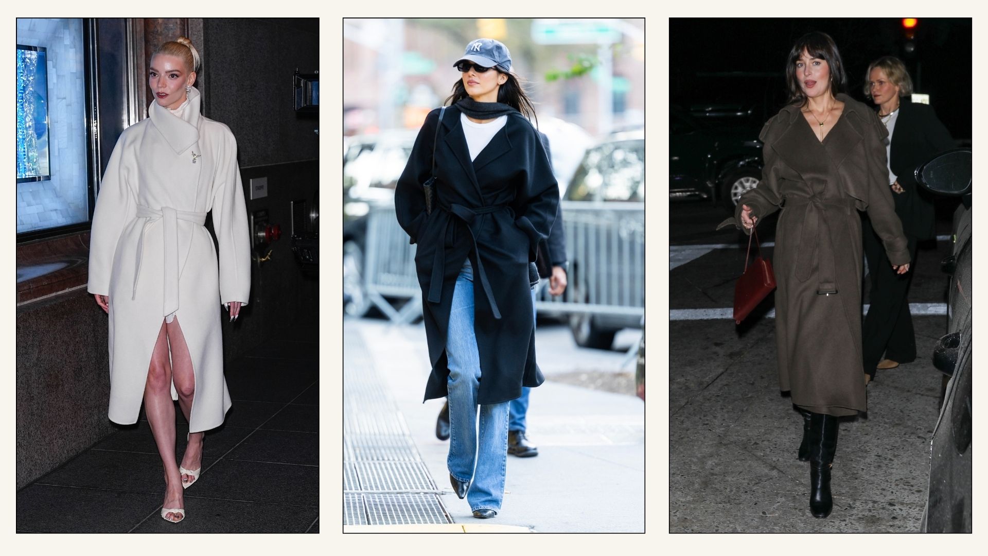 Collage of Anya Taylor-Joy, Kendall Jenner and Dakota Johnson wearing belted coats.