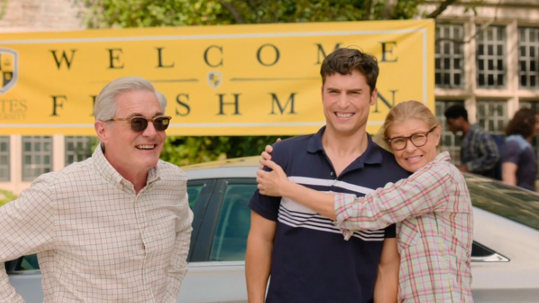 Kyle MacLachlan as John, Benito Skinner as Benny, and Connie Britton as Kathryn in Overcompensating.