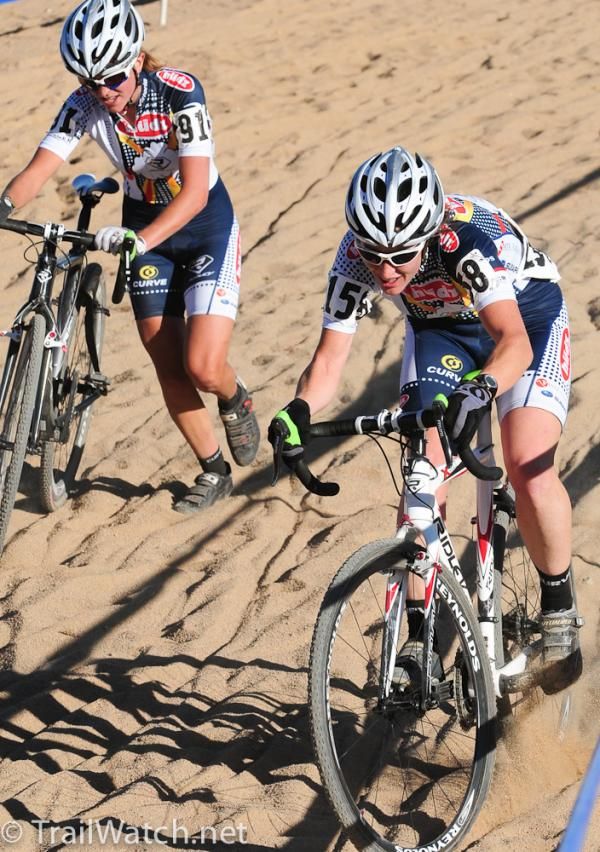 Kathy Sherwin (Hudz-Subaru) uses her mountain biking skills to ride the sand pit