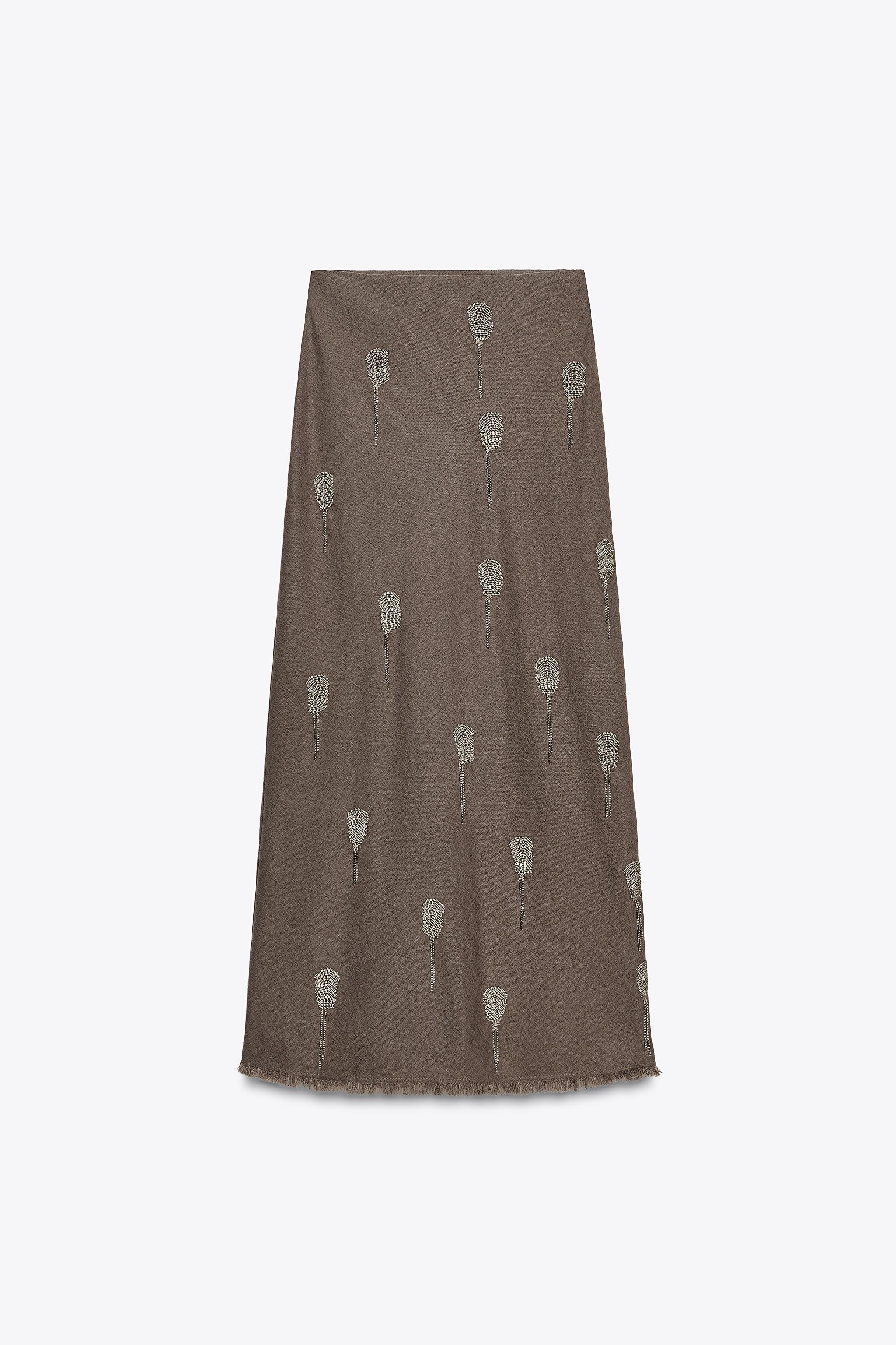 ZARA, Zw Collection Linen Embroidered Skirt