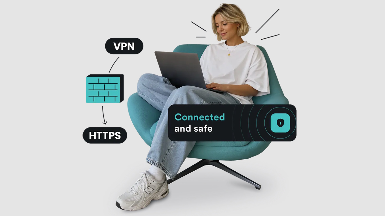 A woman using a laptop with illustrations around her signifying obfuscated VPN servers.