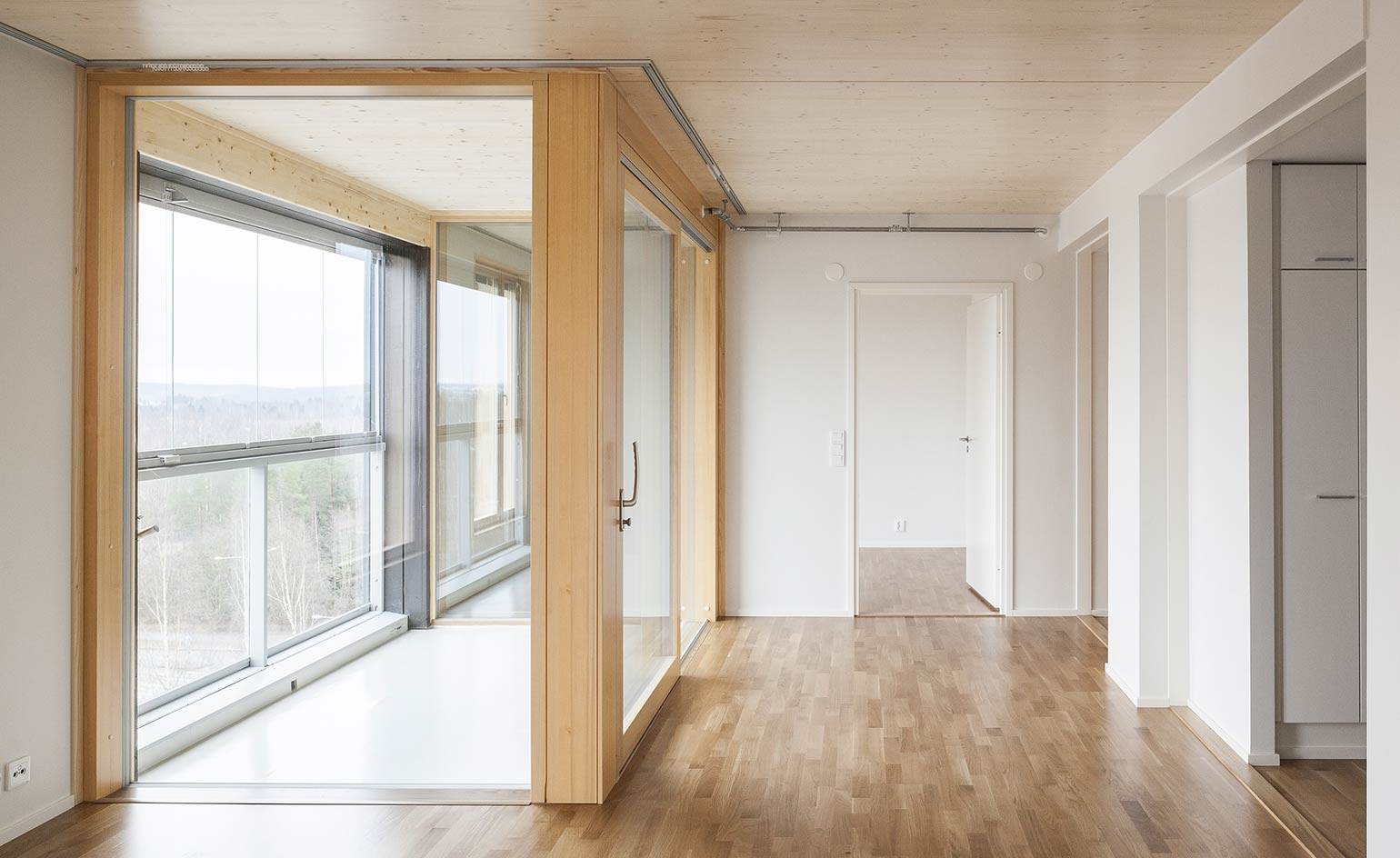 A view of a building inside doorways and winows