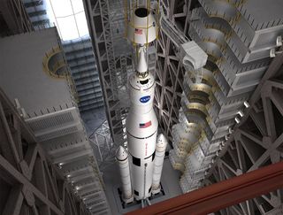 An artist concept of NASA's giant Space Launch System rocket and Orion spacecraft being stacked in the Vehicle Assembly Building at the Kennedy Space Center in Florida. Image released Aug. 1, 2013.